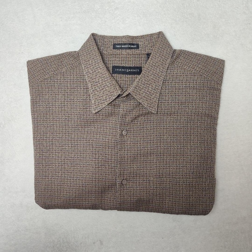 Jhane Barnes Shirt Mens XL Brown Check Button Up Short Sleeve Woven in Japan